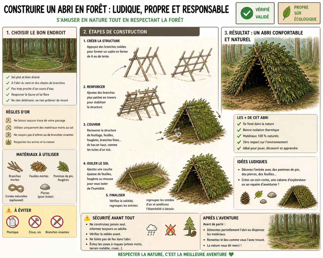 Construire un abri en forêt : guide simple, ludique et respectueux (2026)