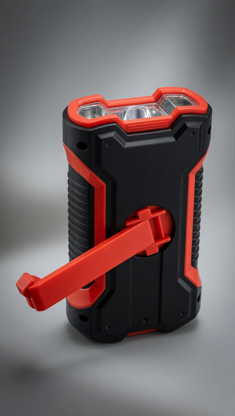 Emergency hand-crank radio with flashlight, black and red, for survival kit