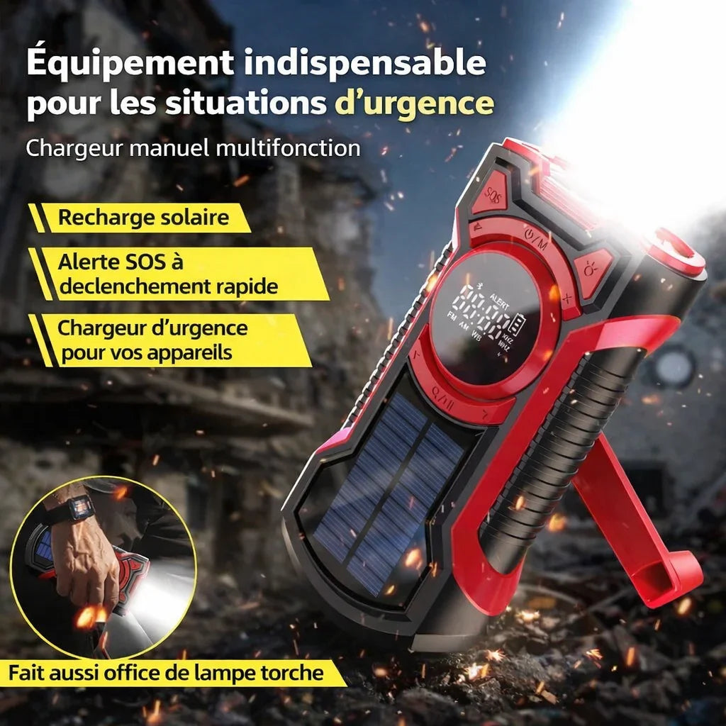 Multifunctional emergency hand-crank solar radio with flashlight, SOS alert, and device charger