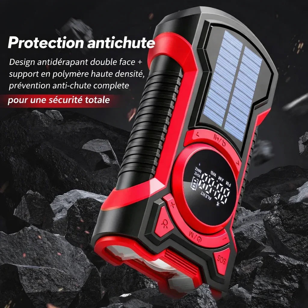 Survival emergency radio with solar panel, rugged red and black design, anti-slip protection