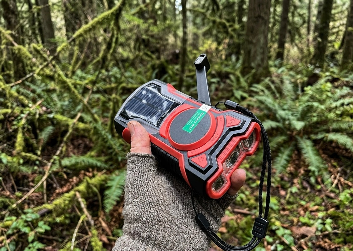 Hand holding emergency radio with solar panel and flashlight in a forest setting