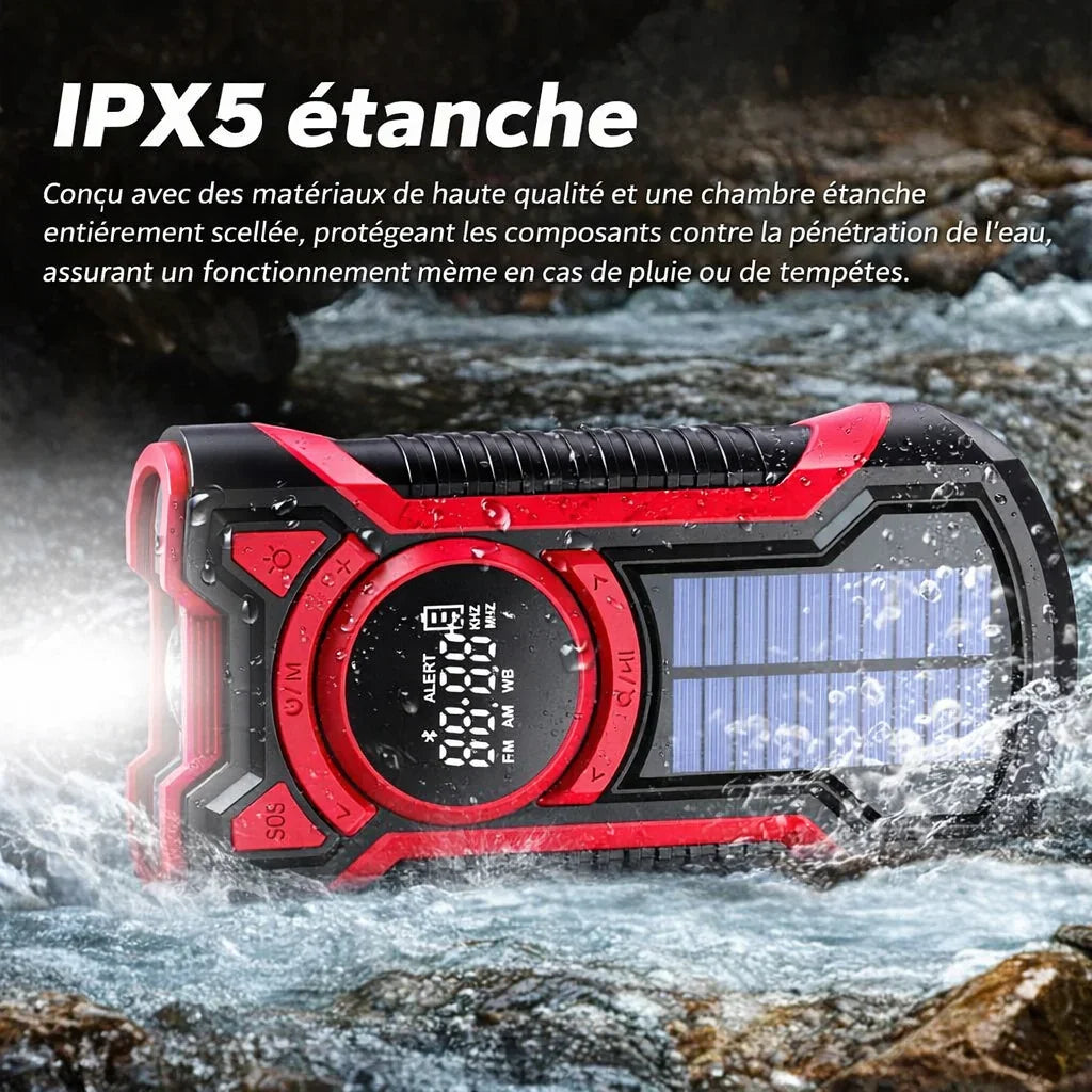 Waterproof emergency radio with digital display, flashlight, and solar panel in water stream