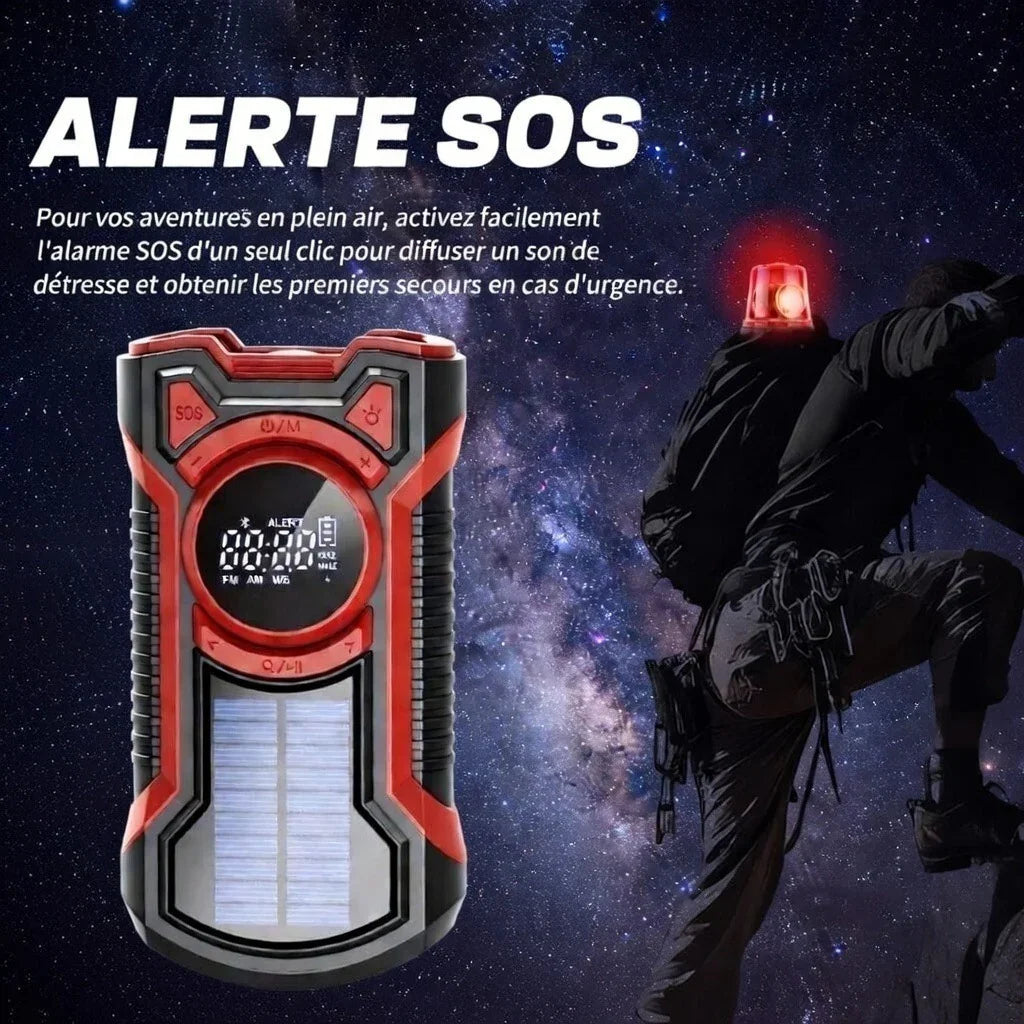 Emergency radio with solar panel and SOS alert, outdoor rescue scene in starry night.