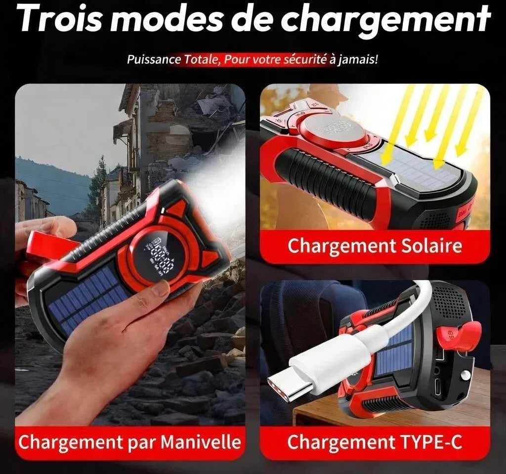 Emergency survival radio with LED light showing hand crank, solar, and USB Type-C charging options.