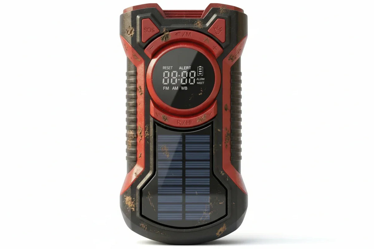 Dirty emergency solar-powered radio with digital display for survival kits
