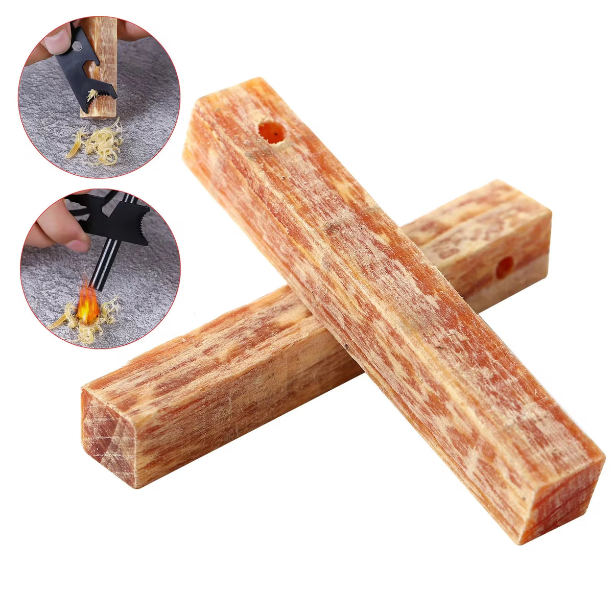 Bâtons incendiaires en bois de pin résineux, naturels et hautement inflammables. Idéal pour allumer un feu rapidement en camping, bushcraft ou survie, même en conditions humides.